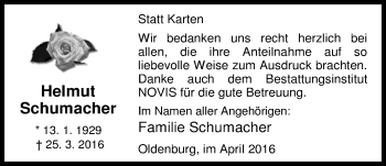 Traueranzeige von Helmut Schumacher von Nordwest-Zeitung