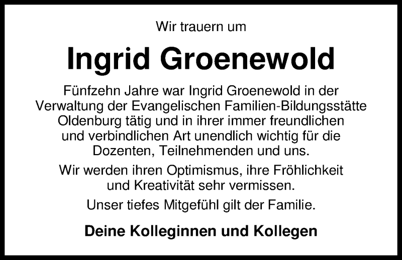  Traueranzeige für Ingrid Groenewold vom 16.04.2016 aus Nordwest-Zeitung