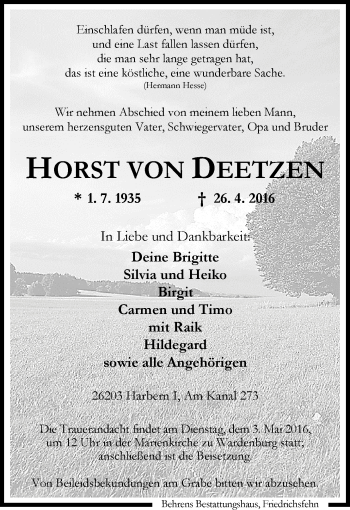 Traueranzeige von Horst von Deetzen von Nordwest-Zeitung