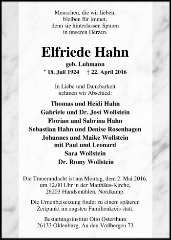 Traueranzeige von Elfriede Hahn von Nordwest-Zeitung