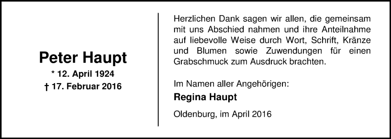  Traueranzeige für Peter Haupt vom 09.04.2016 aus Nordwest-Zeitung
