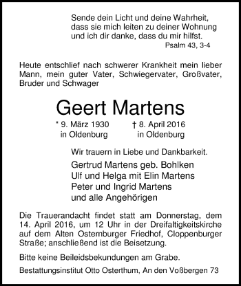 Traueranzeige von Geert Martens von Nordwest-Zeitung