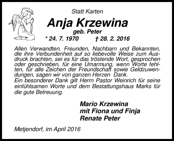 Traueranzeige von Anja Krzewina von Nordwest-Zeitung