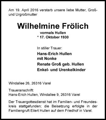 Traueranzeige von Wilhelmine Frölich von Nordwest-Zeitung
