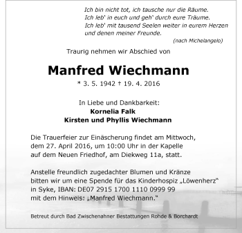 Traueranzeige von Manfred Wiechmann von Nordwest-Zeitung