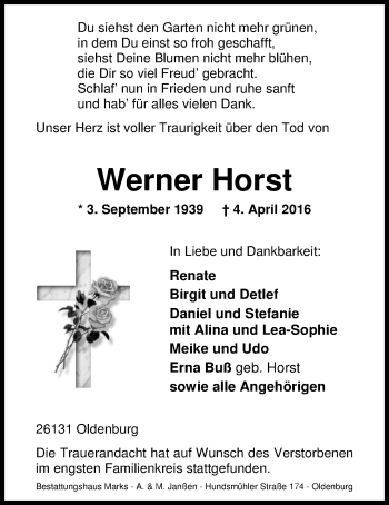 Traueranzeige von Werner Horst von Nordwest-Zeitung