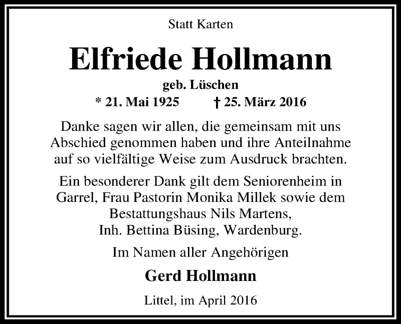  Traueranzeige für Elfriede Hollmann vom 16.04.2016 aus Nordwest-Zeitung