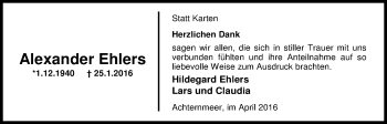Traueranzeige von Alexander Ehlers von Nordwest-Zeitung