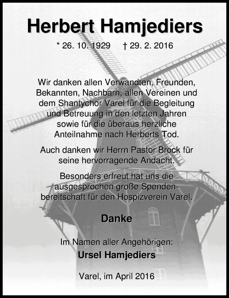  Traueranzeige für Herbert Hamjediers vom 29.04.2016 aus Nordwest-Zeitung