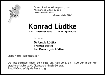 Traueranzeige von Konrad Lüdtke von Nordwest-Zeitung