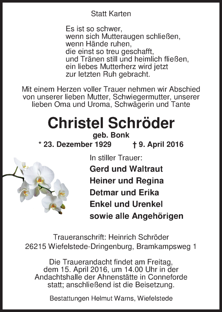  Traueranzeige für Christel Schröder vom 12.04.2016 aus Nordwest-Zeitung