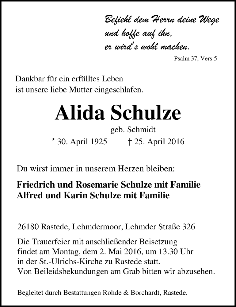  Traueranzeige für Alida Schulze vom 28.04.2016 aus Nordwest-Zeitung