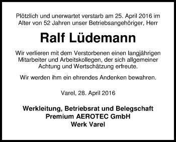 Traueranzeige von Ralf Lüdemann von Nordwest-Zeitung