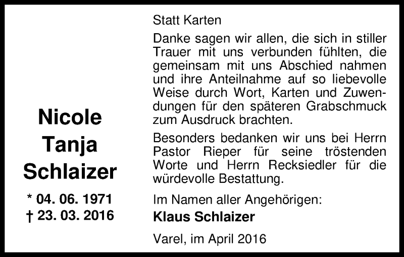  Traueranzeige für Nicole Tanja Schlaizer vom 29.04.2016 aus Nordwest-Zeitung