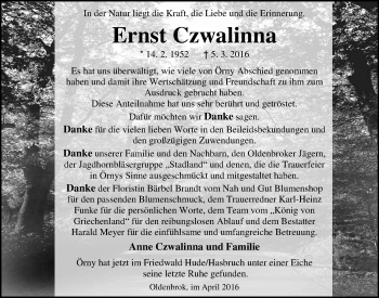 Traueranzeige von Ernst (Örny) Czwalinna von Nordwest-Zeitung
