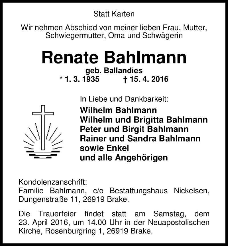  Traueranzeige für Renate Bahlmann vom 20.04.2016 aus Nordwest-Zeitung