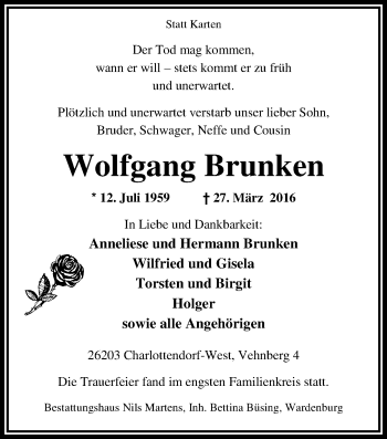 Traueranzeige von Wolfgang Brunken von Nordwest-Zeitung