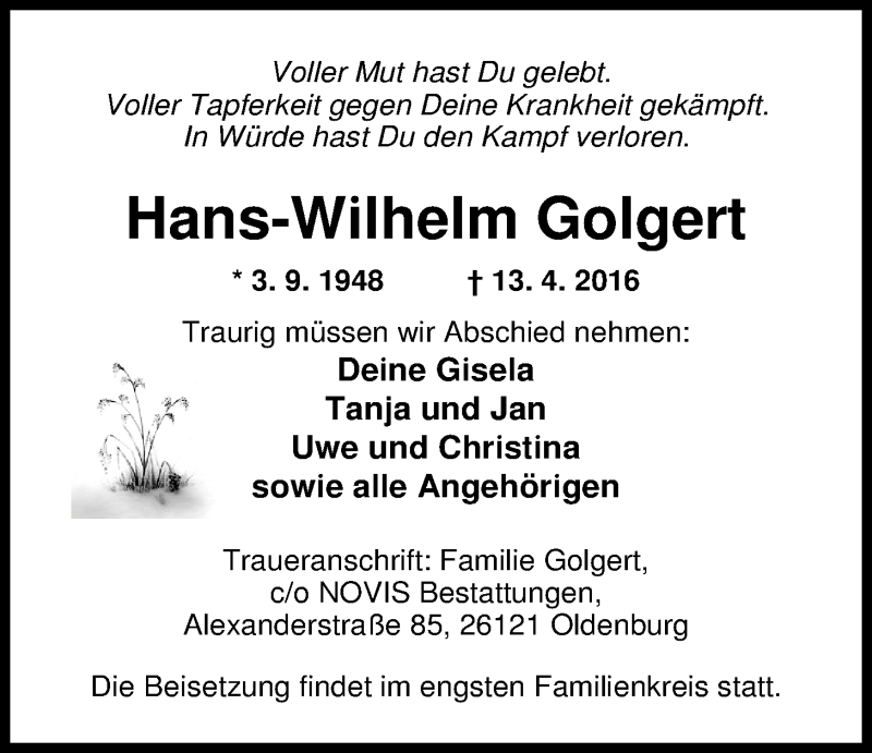  Traueranzeige für Hans-Wilhelm Golgert vom 16.04.2016 aus Nordwest-Zeitung