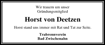 Traueranzeige von Horst von Deetzen von Nordwest-Zeitung