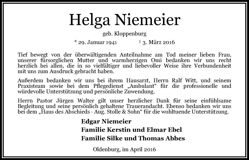  Traueranzeige für Helga Niemeier vom 30.04.2016 aus Nordwest-Zeitung