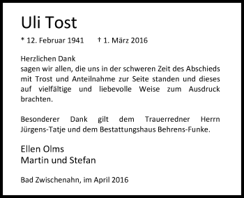 Traueranzeige von Uli Tost von Nordwest-Zeitung