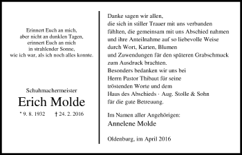 Traueranzeige von Erich Molde von Nordwest-Zeitung