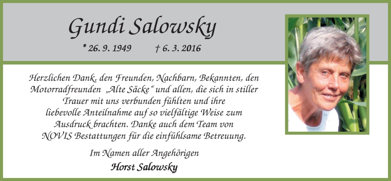  Traueranzeige für Gundi Salowsky vom 08.04.2016 aus Nordwest-Zeitung