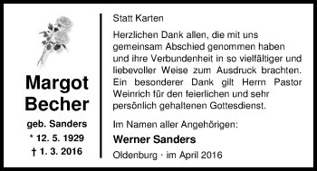 Traueranzeige von Margot Becher von Nordwest-Zeitung