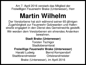 Traueranzeige von Martin Wilhelm von Nordwest-Zeitung