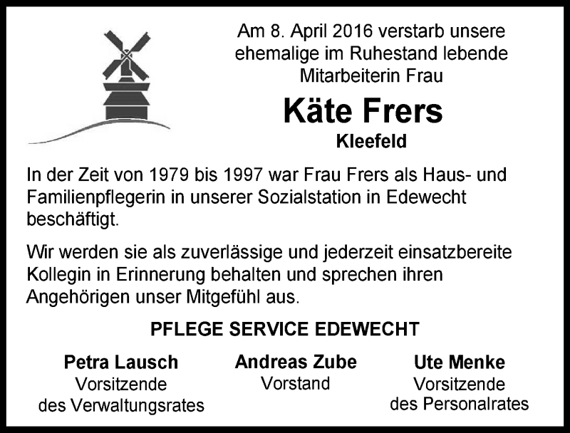  Traueranzeige für Käte Frers vom 16.04.2016 aus Nordwest-Zeitung