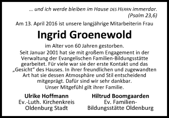 Traueranzeige von Ingrid Groenewold von Nordwest-Zeitung