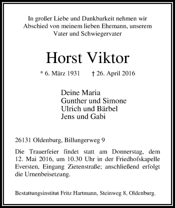 Traueranzeige von Horst Viktor von Nordwest-Zeitung