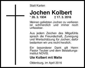 Traueranzeige von Joachim Kolbert von Nordwest-Zeitung
