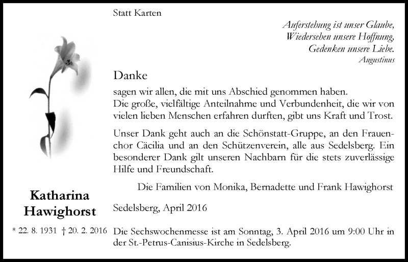  Traueranzeige für Katharina (Käthe) Hawighorst vom 02.04.2016 aus Nordwest-Zeitung