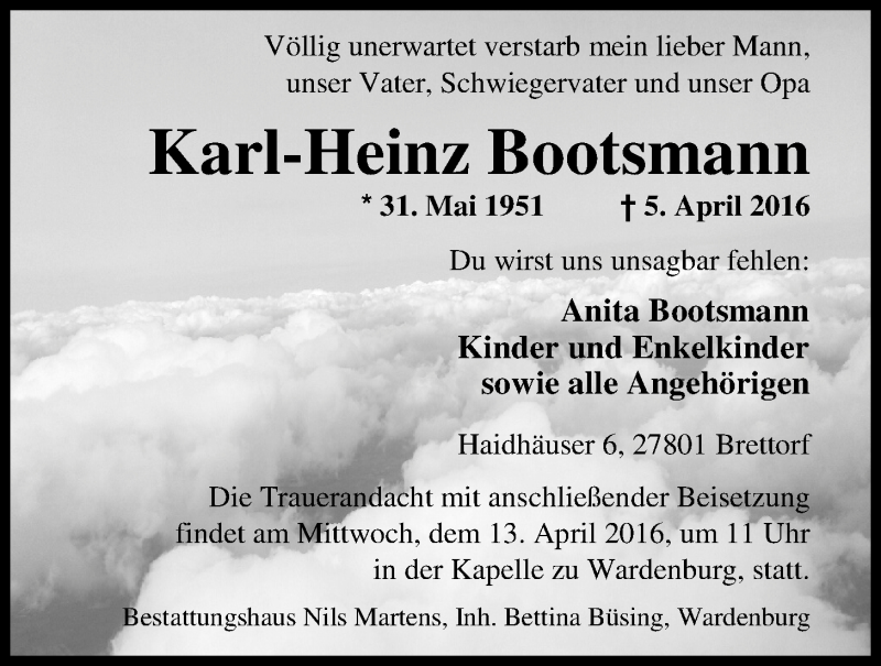  Traueranzeige für Karl-Heinz Bootsmann vom 11.04.2016 aus Nordwest-Zeitung