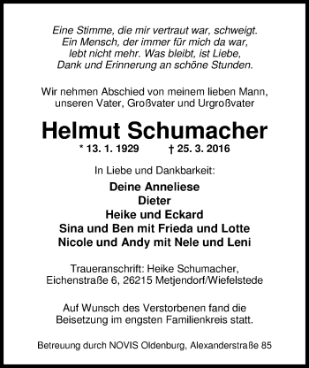 Traueranzeige von Helmut Schumacher von Nordwest-Zeitung