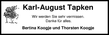 Traueranzeige von Karl-August Tapken von Nordwest-Zeitung