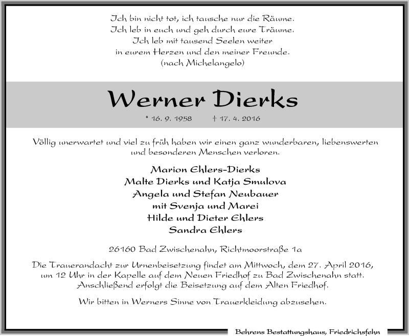  Traueranzeige für Werner Dierks vom 20.04.2016 aus Nordwest-Zeitung