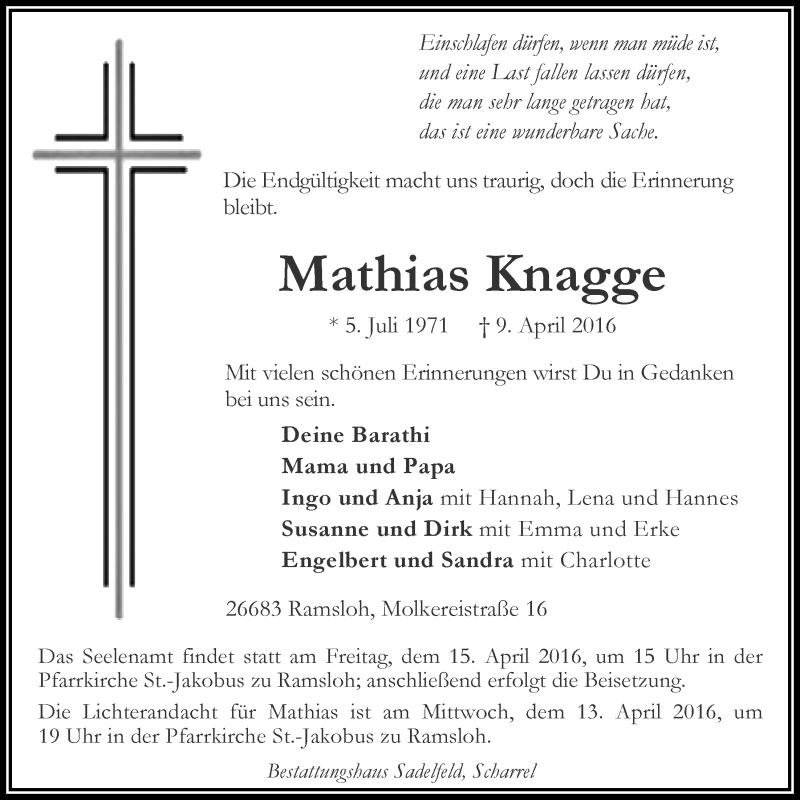  Traueranzeige für Mathias Knagge vom 12.04.2016 aus Nordwest-Zeitung