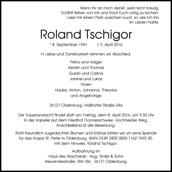 Traueranzeige von Roland Tschigor von Nordwest-Zeitung