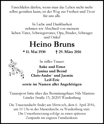 Traueranzeige von Heino Bruns von Nordwest-Zeitung