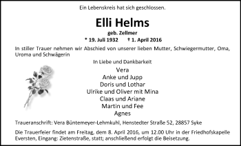 Traueranzeige von Elli Helms von Nordwest-Zeitung
