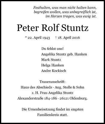 Traueranzeige von Peter Rolf Stuntz von Nordwest-Zeitung