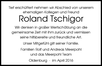 Traueranzeige von Roland Tschigor von Nordwest-Zeitung