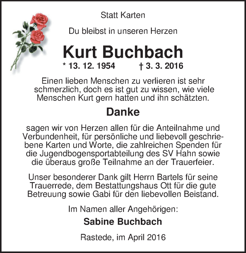  Traueranzeige für Kurt Buchbach vom 23.04.2016 aus Nordwest-Zeitung