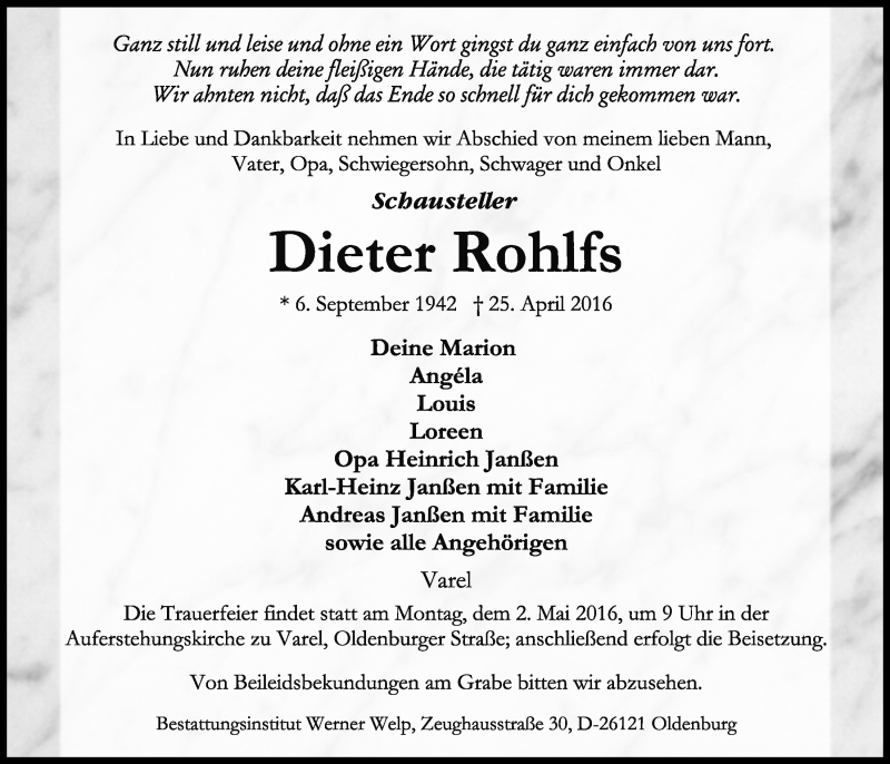  Traueranzeige für Dieter Rohlfs vom 28.04.2016 aus Nordwest-Zeitung