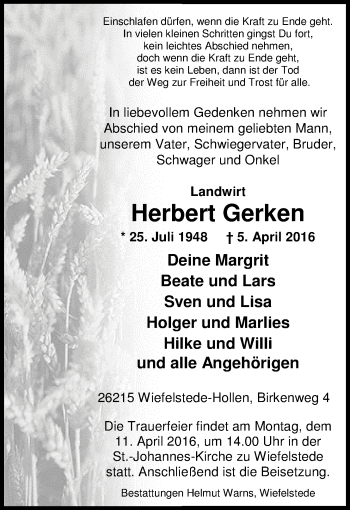 Traueranzeige von Herbert Gerken von Nordwest-Zeitung