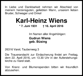 Traueranzeige von Karl-Heinz Wiens von Nordwest-Zeitung