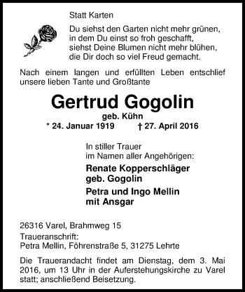 Traueranzeige von Gertrud Gogolin von Nordwest-Zeitung