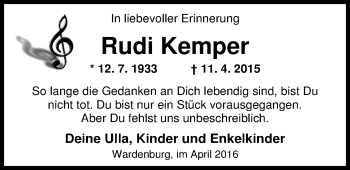 Traueranzeige von Rudi Kemper von Nordwest-Zeitung